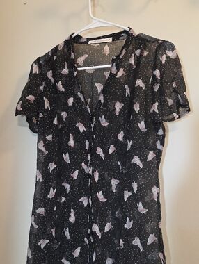Kirra Black Sheer Butterfly Print Blouse with Light Pink Motif (Yy15)